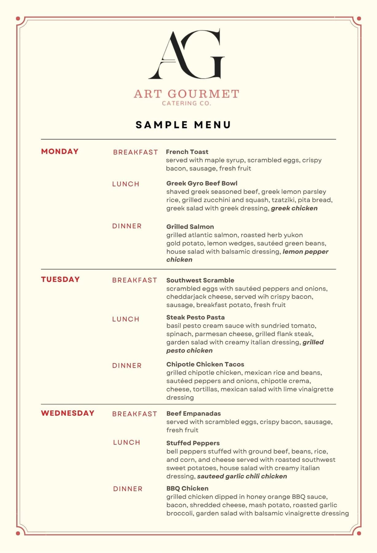 Sample menu, Monday to Wednesday