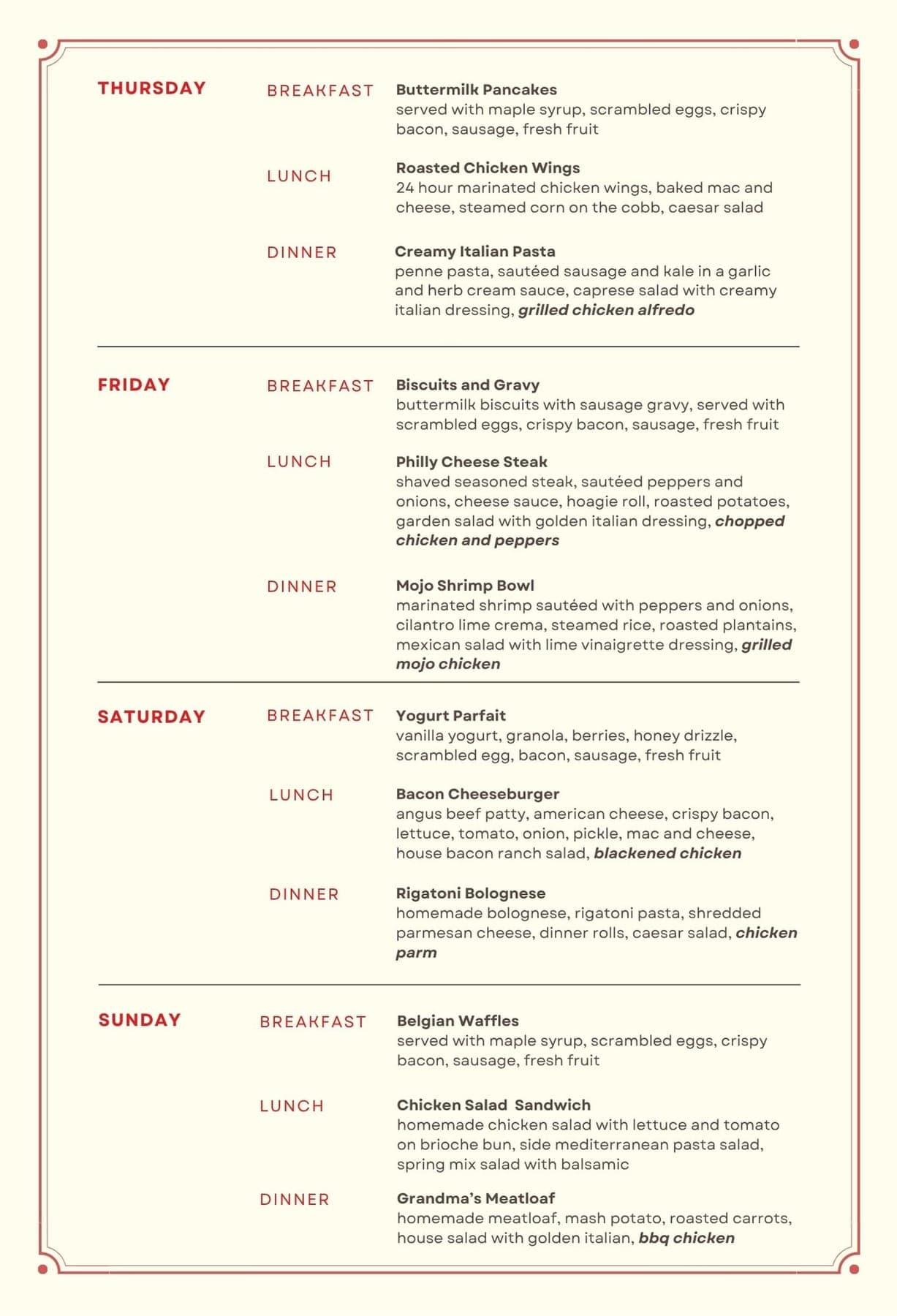 Sample menu, Thursday to Sunday